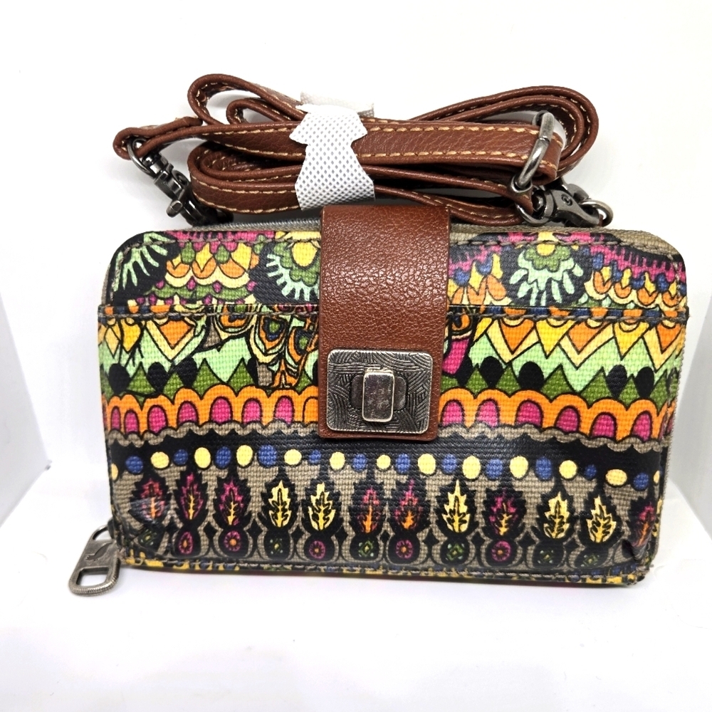 Sakroots Multicolor Aztec-Print Crossbody with Brown Strap